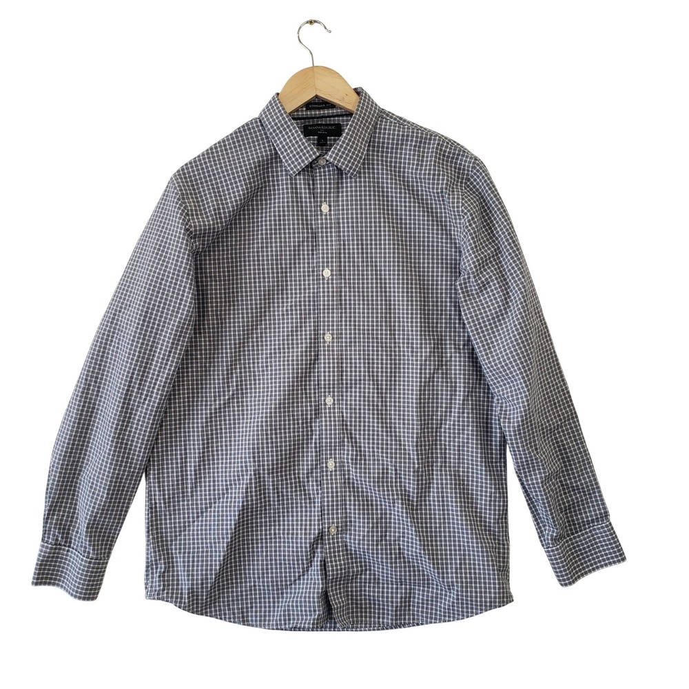 Banana Republic Mens L Non Iron Standard Fit Shirt Navy White Micro Check Office